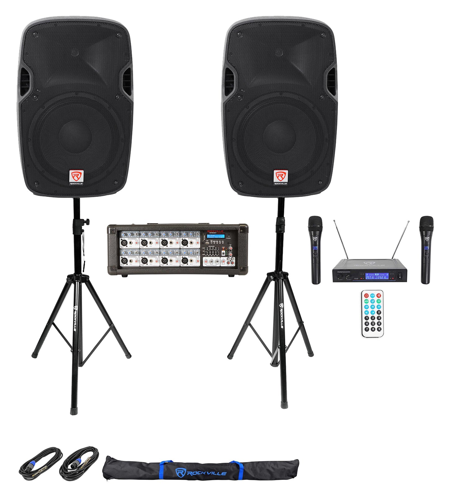 SPGN128 2-Pack + RPM80BT Powered Mixer + Wireless Mics Bundle