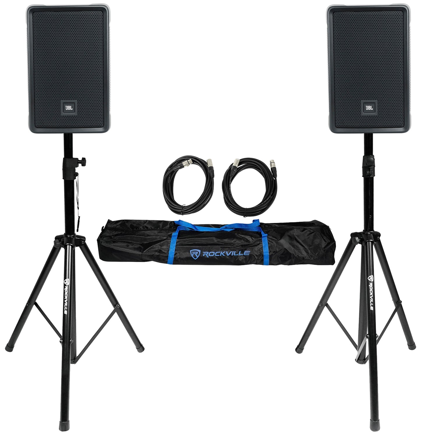2) JBL IRX108BT 8" 1000 Watt Powered DJ Portable PA Speakers w/ Bluetooth+Stands