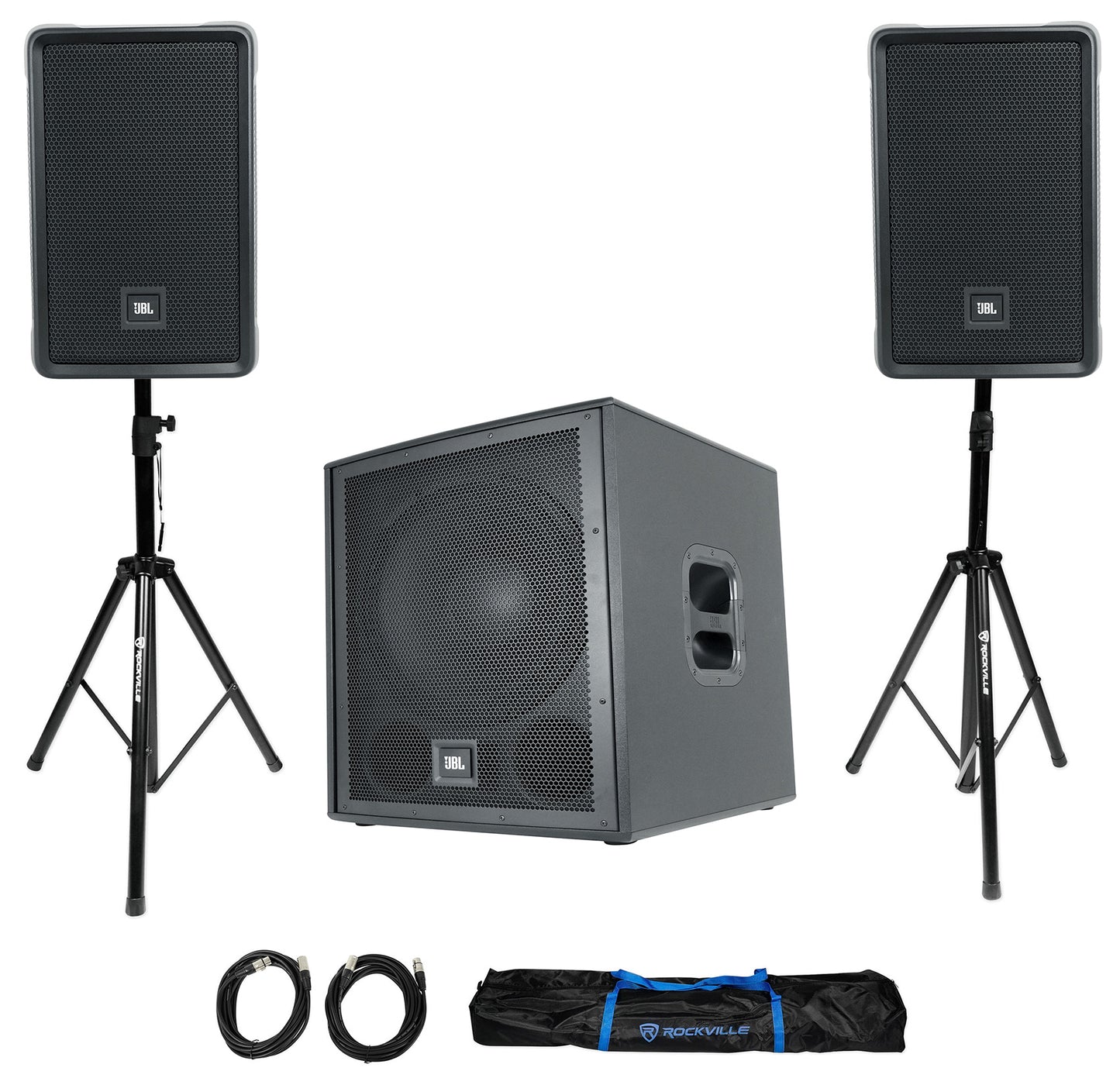 (2) JBL IRX108BT 8" 1000w Powered PA Speakers w/ Bluetooth+15" Powered Subwoofer