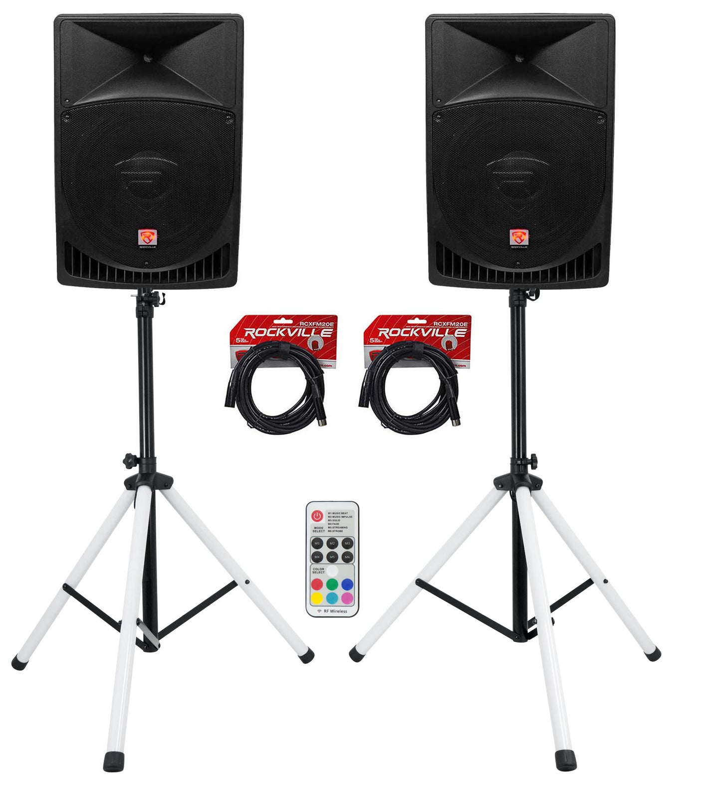 RPG15 15" Powered Speakers 2-Pack + PARTY STAND LED Stands Bundle