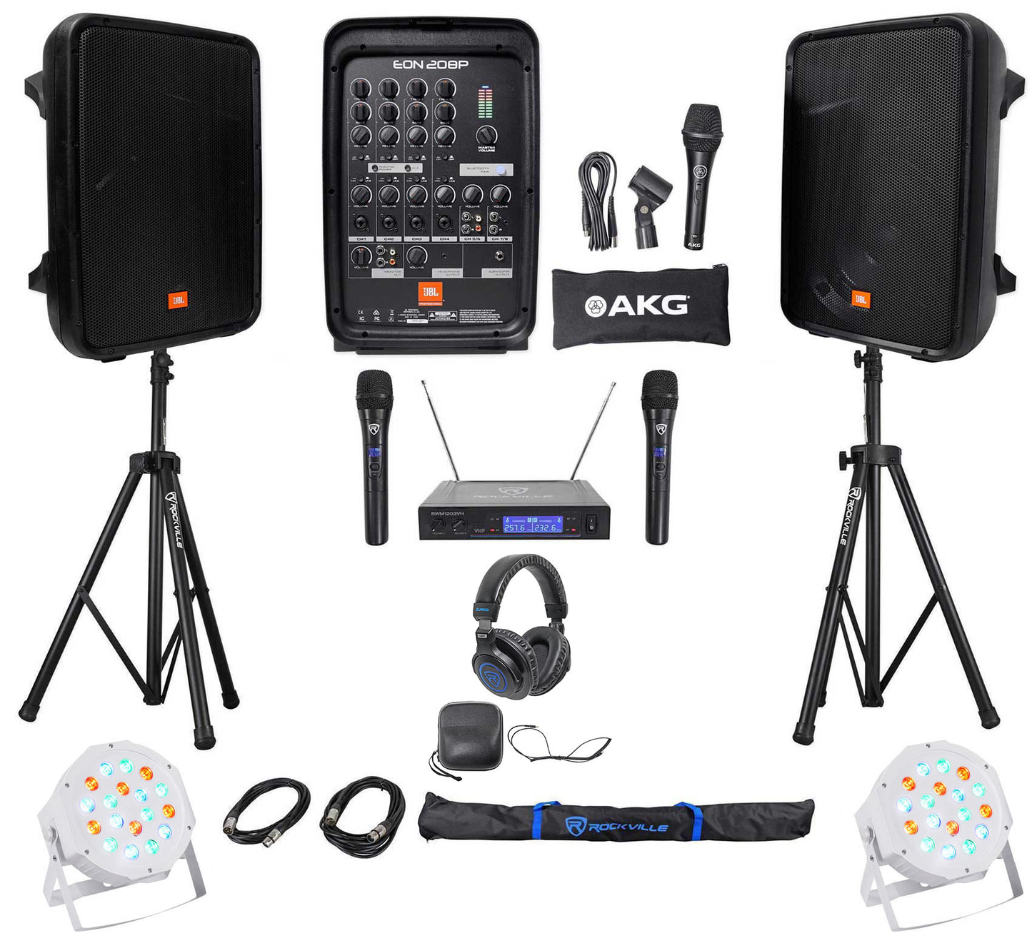 JBL EON208P 8" Powered Bluetooth Speakers +Mixer+Stands+Wireless Mics+Headphones
