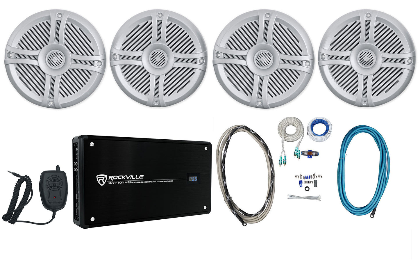 RMSTS65S Silver 6.5" Marine Speakers 4-Pack + KRYPTON MF4 Amplifier Bundle