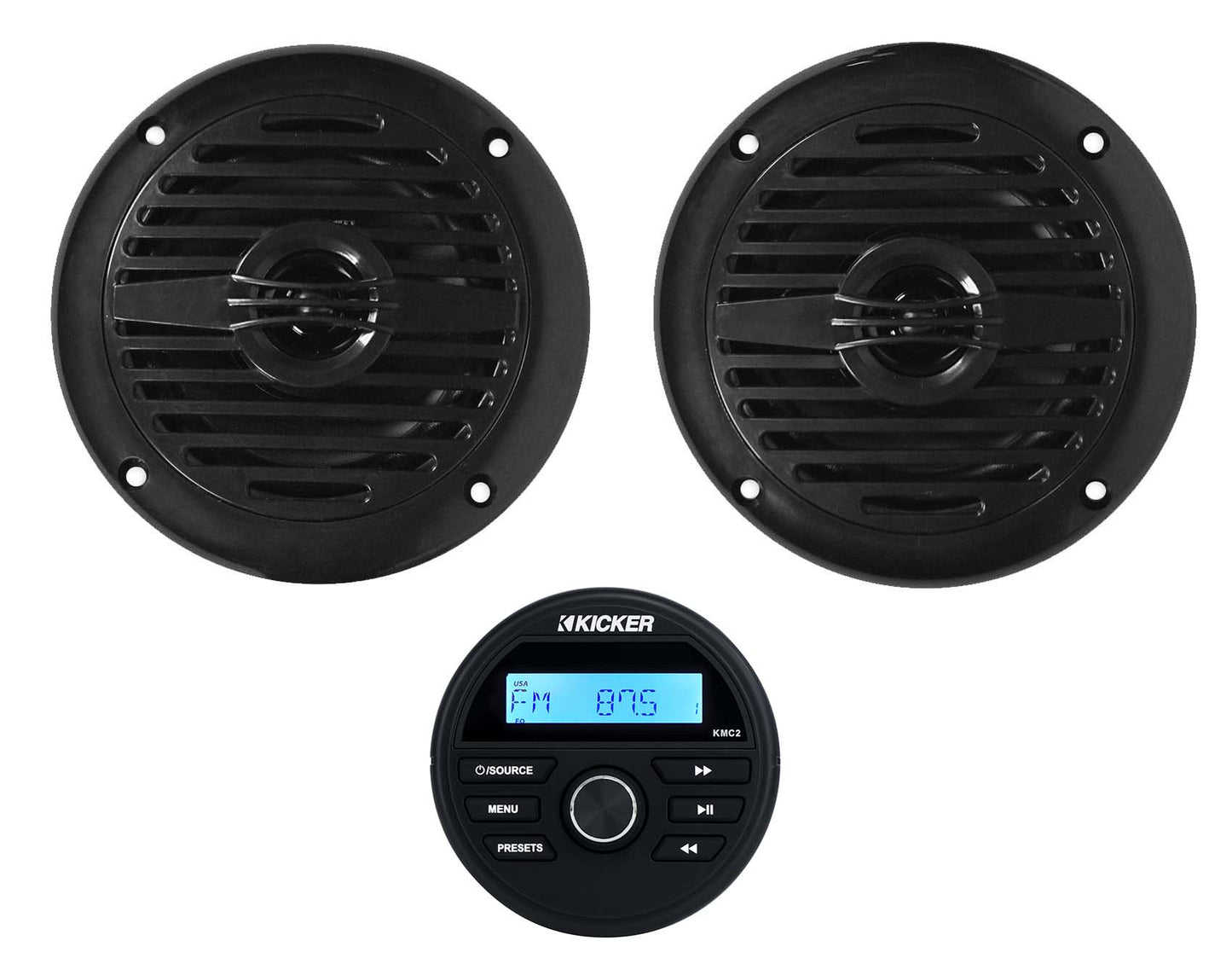 KICKER KMC2 Gauge Hole Digital Media Receiver w/Bluetooth+(2) 4" Black Speakers