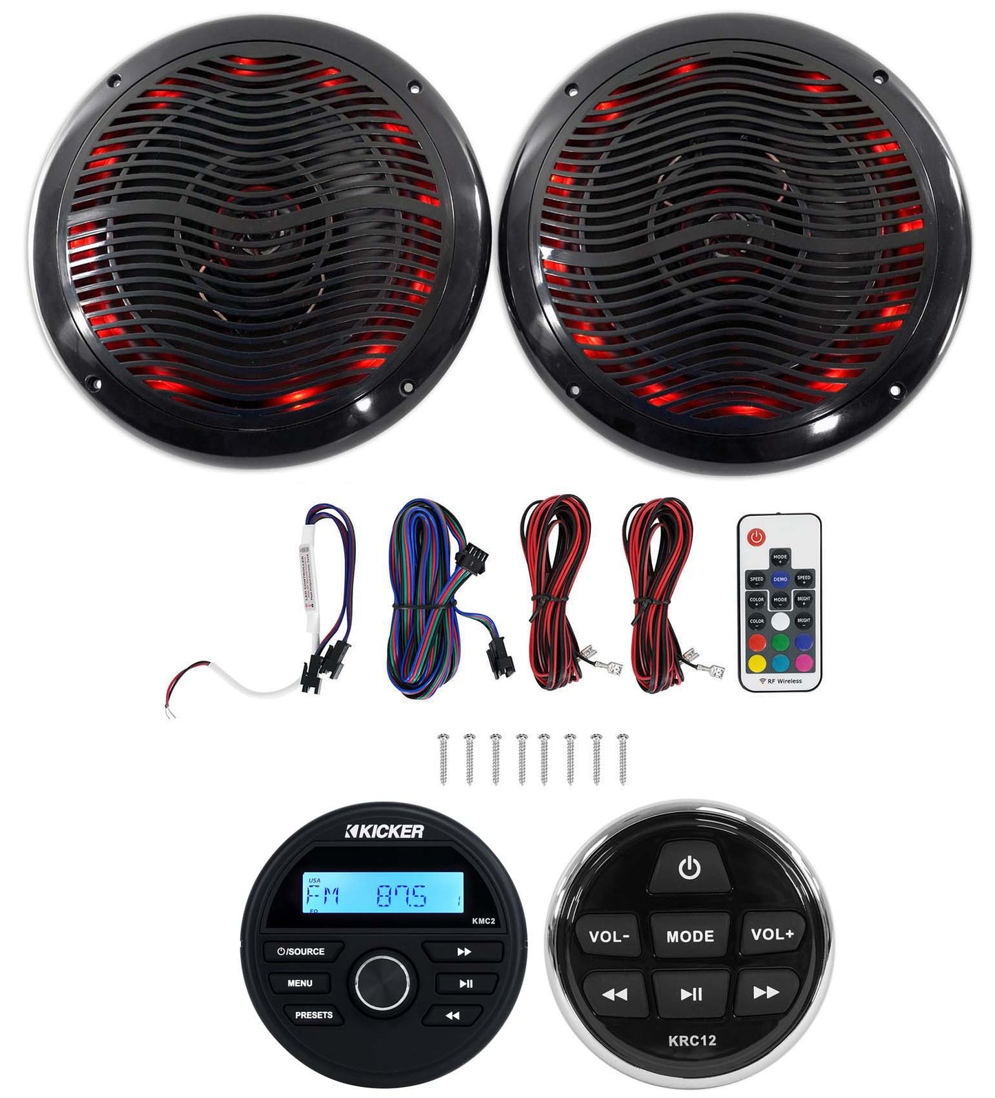 KICKER KMC2 Digital Media Receiver w/Bluetooth+Remote+2) 6.5" Black LED Speakers