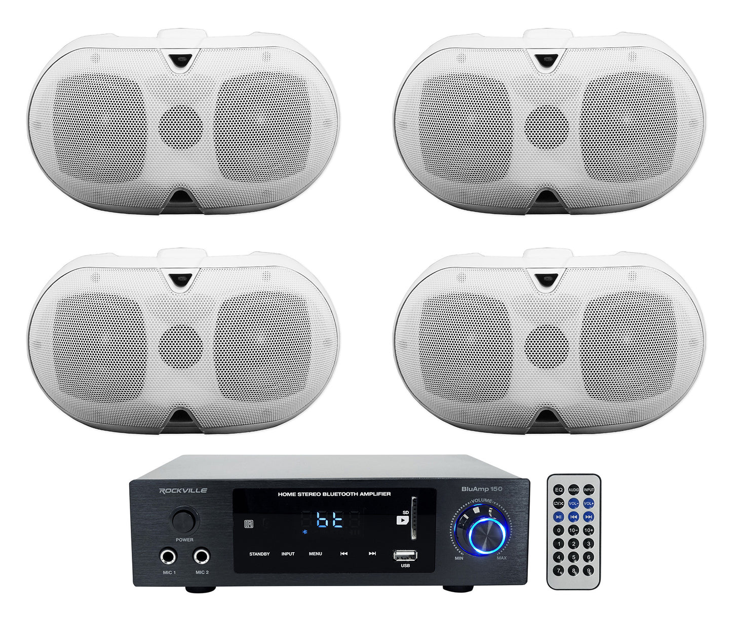 BLUAMP 150 + D4-8 White 4-Pack Speaker System Bundle