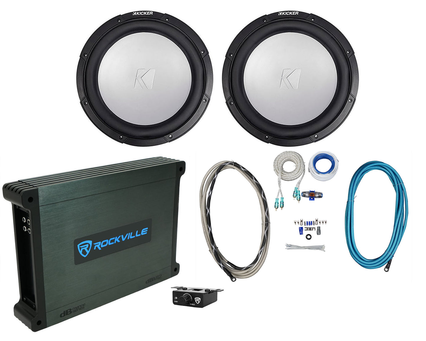 2) KICKER 45KMF124 12" 350w Free-Air Marine Boat Subwoofers+Mono Amplifier+Wires