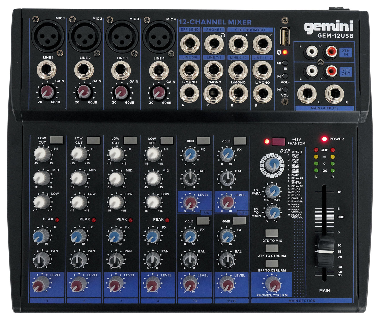 Gemini GEM-12USB 12 Channel Bluetooth Mixer w/USB 12 Ins/2 Bus/3 Band EQ+4) Mics