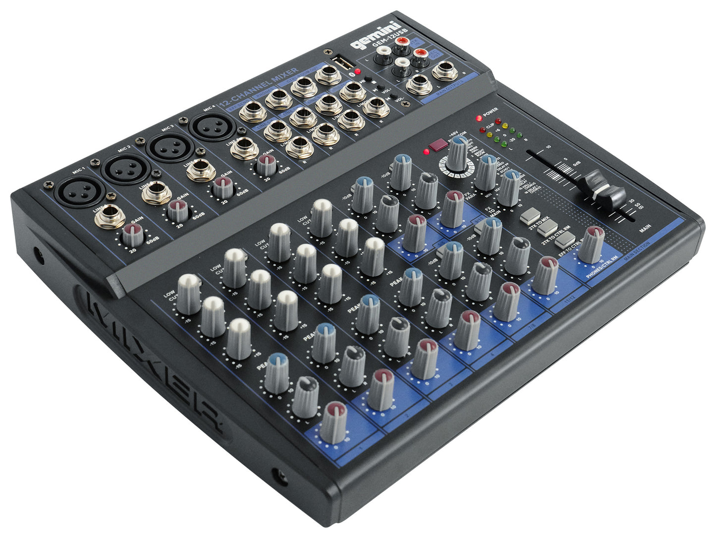 Gemini GEM-12USB 12 Channel Bluetooth Mixer w/USB 12 Ins/2 Bus/3 Band EQ+4) Mics