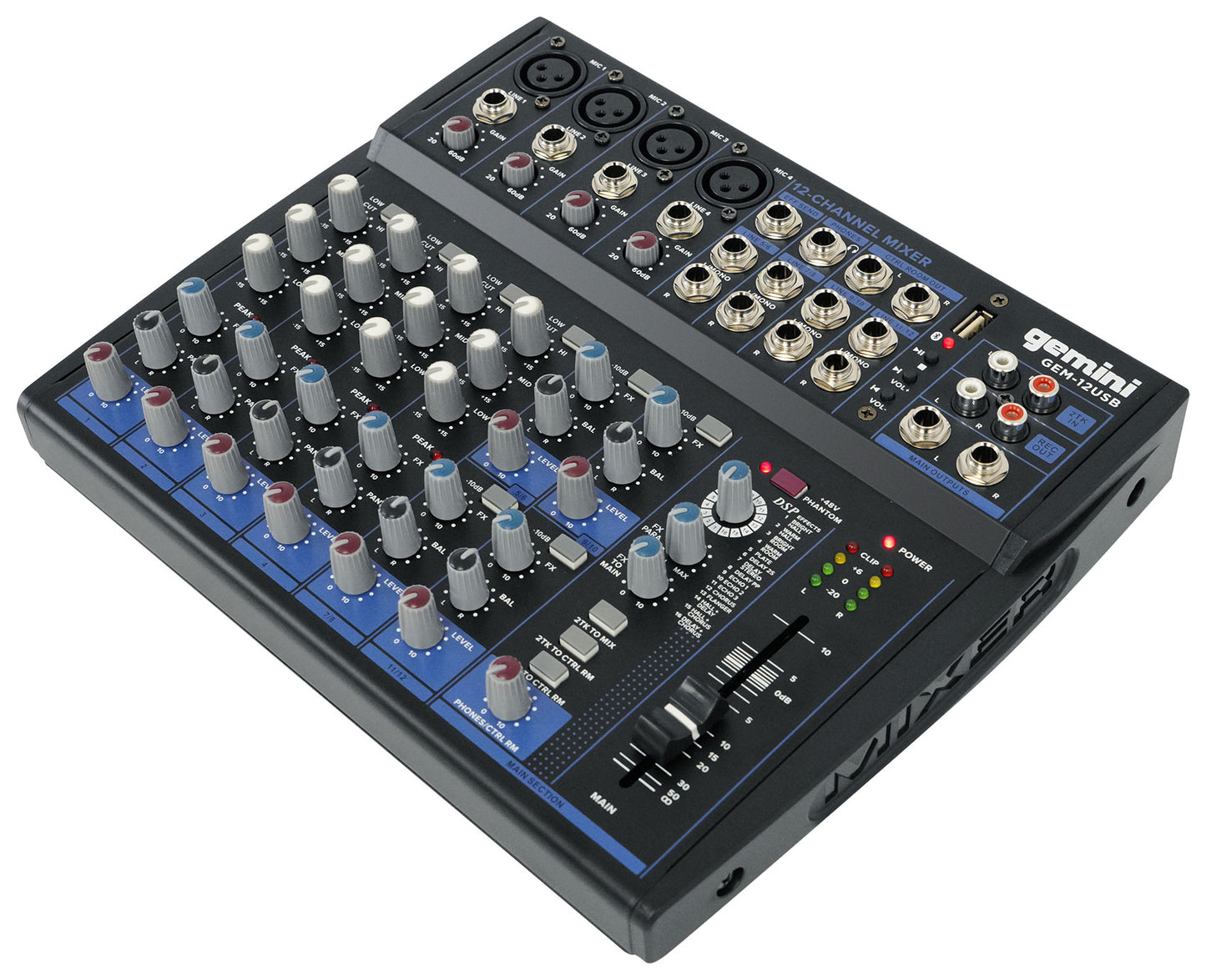 Gemini GEM-12USB 12 Channel Bluetooth Mixer w/USB 12 Ins/2 Bus/3 Band EQ+4) Mics