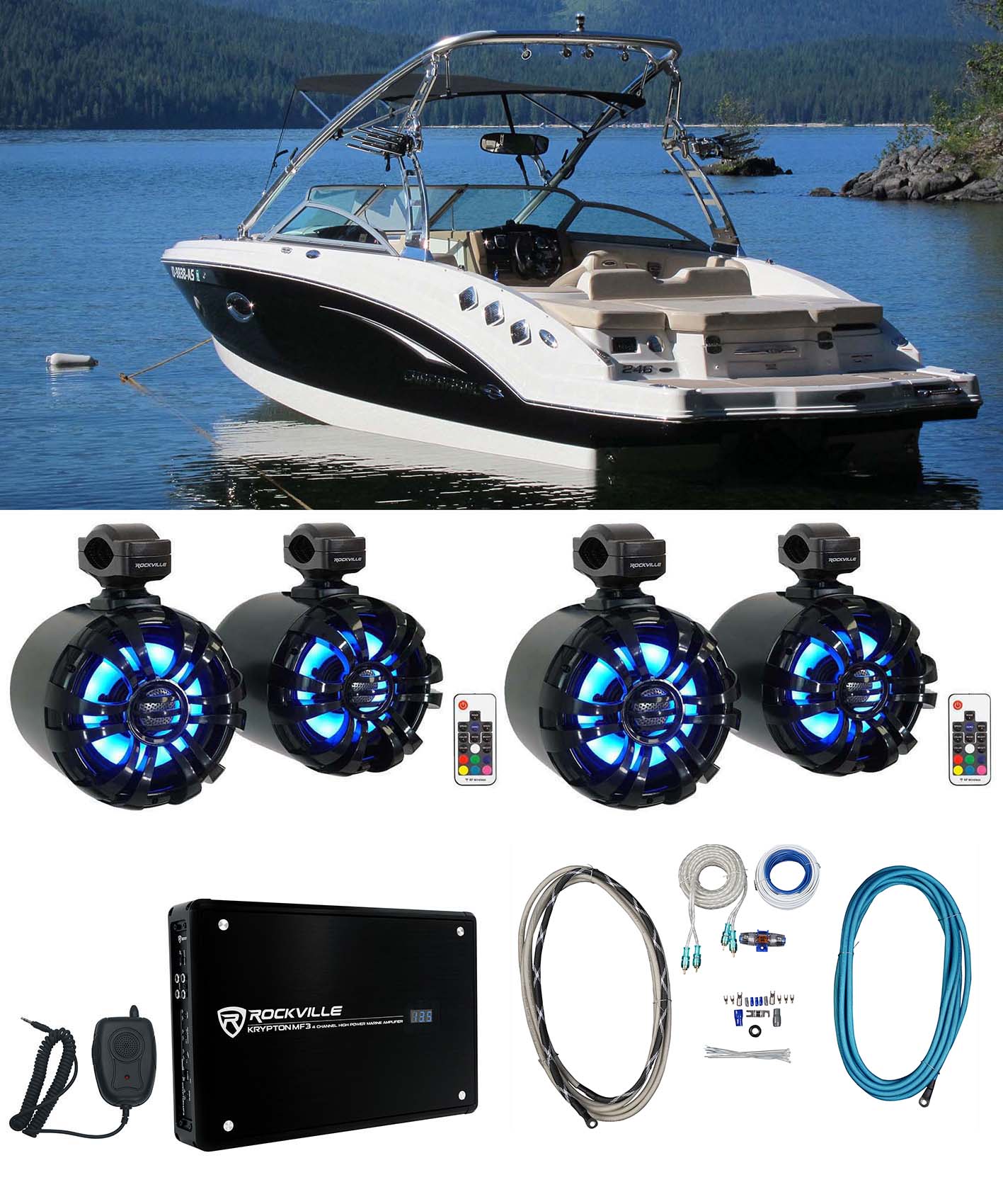 WB65KLED Black 6.5" LED Wakeboard Speakers 2-Pack + KRYPTON MF3 Amplifier Bundle