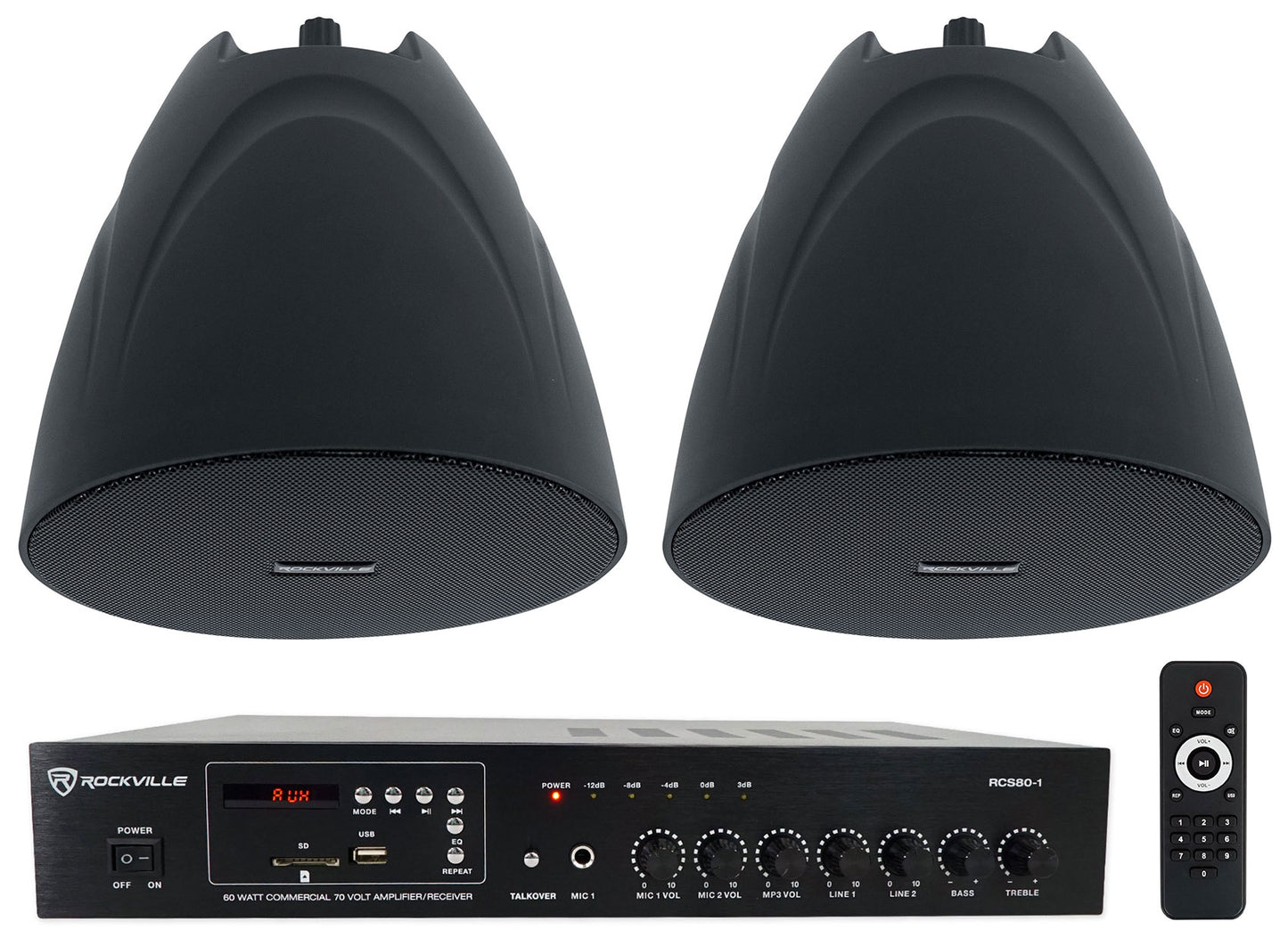 RCS80-1 60W Amp 2-Pack + PEN-525T Black Pendant Speakers Bundle