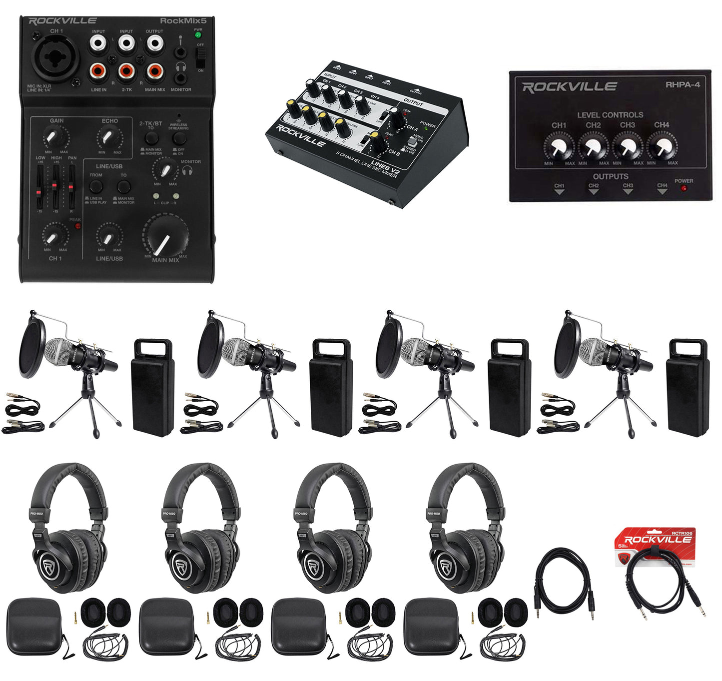 Podcast Recording Kit 4-Pack + Mixers & Headphone Amplifier Bundle