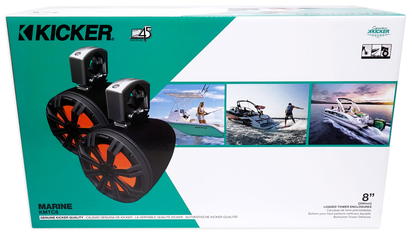 Pair KICKER 45KMTC8 8" 600w Marine Wakeboard Tower Speakers+2-Channel Amplifier