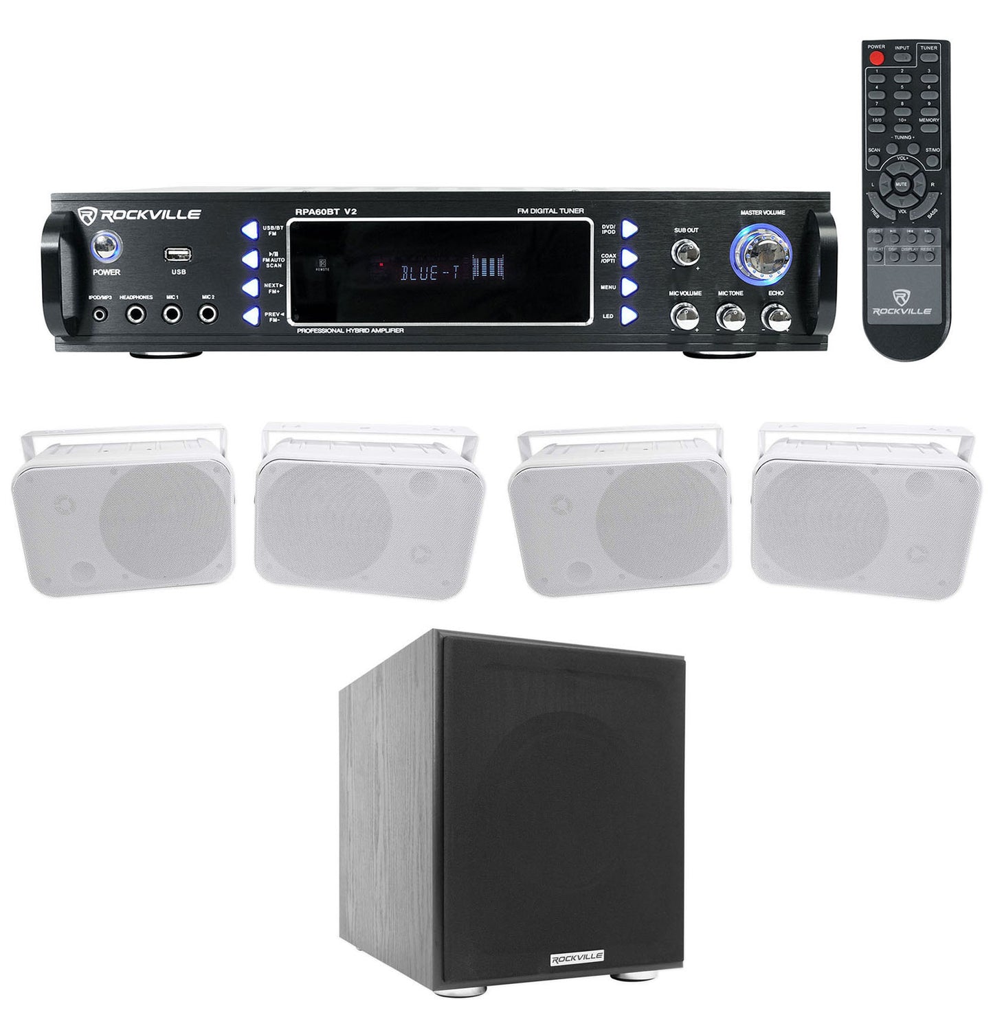 RPA60BT Receiver + HP65S-8 White 4-Pack + Rock Shaker 8 Sub Bundle
