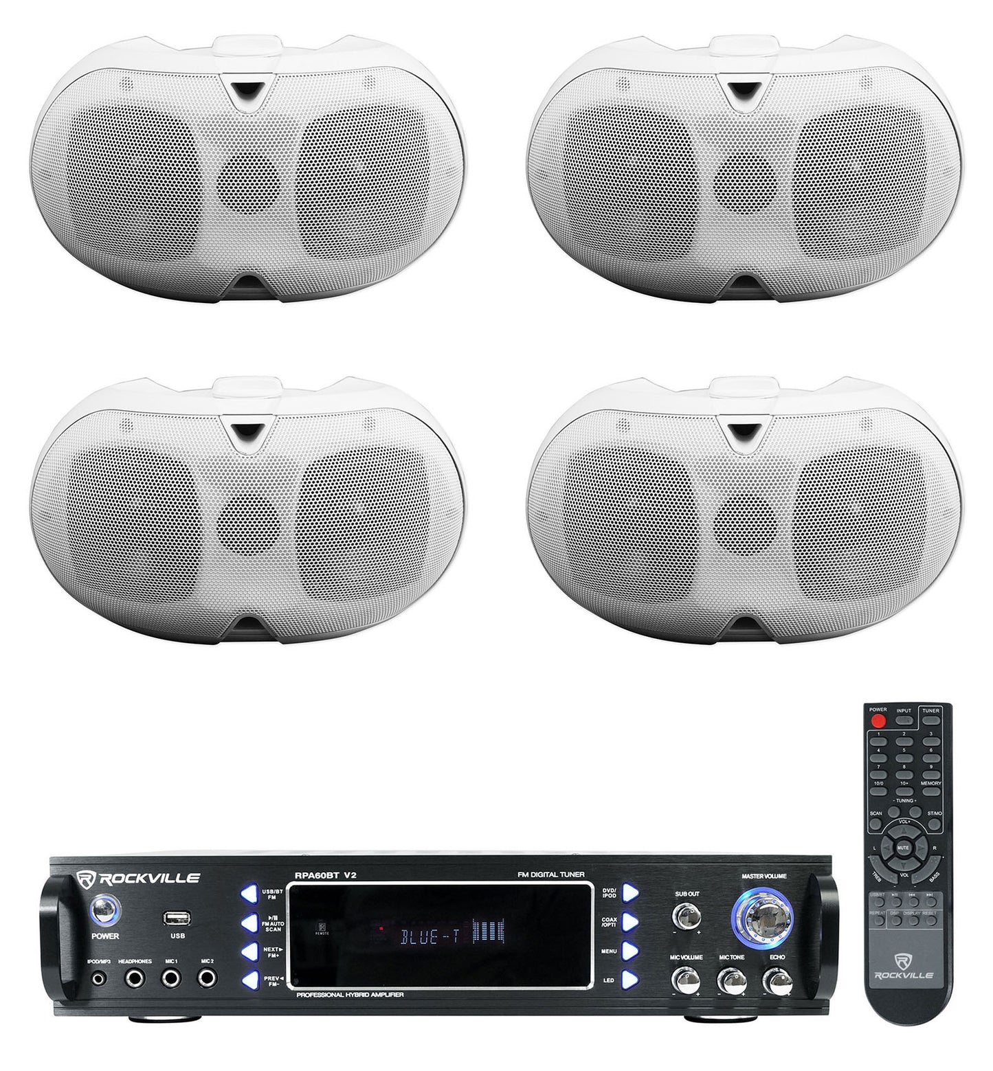 D4-16 White 4-Pack + RPA60BT Bluetooth Amplifier Bundle