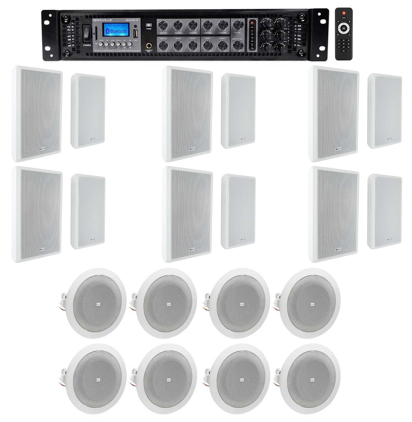 RockSlim 70W White 12-Pair + 8124 4" Ceiling 4-Pair + RCS180-6 Amp Bundle