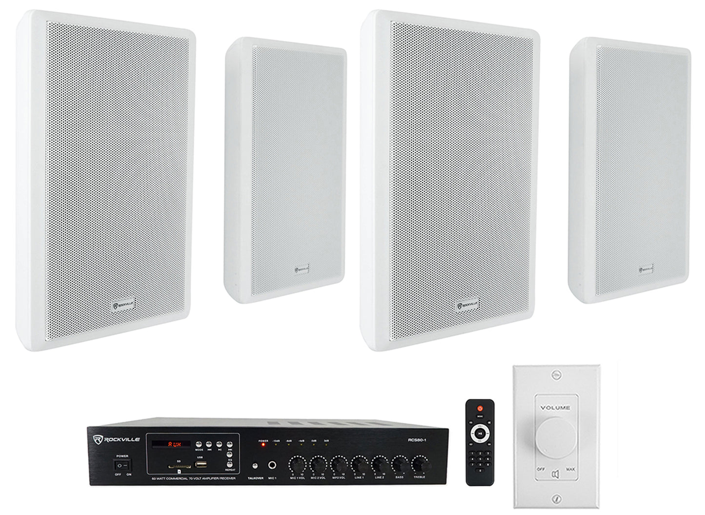 RCS80-1 60W Amplifier + RockSlim 70W White Speakers 4-Pack + VOL70100 White Bundle