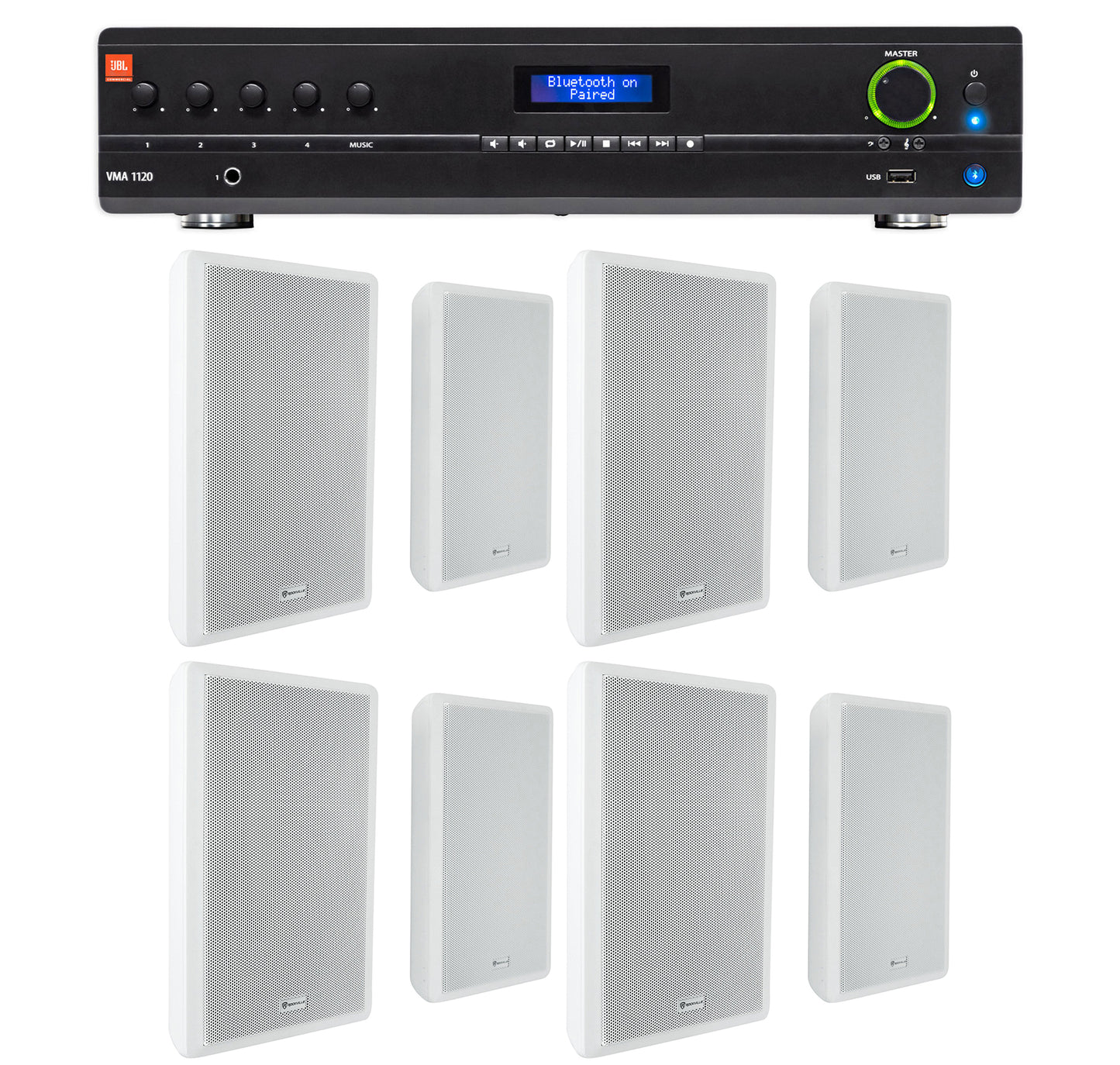 JBL Commercial Amplifier+(8) Slim White Wall Speakers for Restaurant/Bar/Cafe