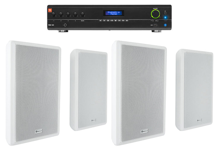 JBL Commercial Amplifier+(4) Slim White Wall Speakers for Restaurant/Bar/Cafe