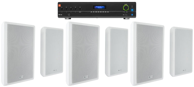 JBL Commercial Amplifier+(6) Slim White Wall Speakers for Restaurant/Bar/Cafe