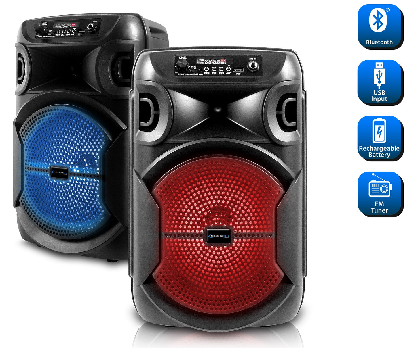 2 Technical Pro BOOMPACK8 8" Wireless Rechargeable Bluetooth Speakers+Microphone