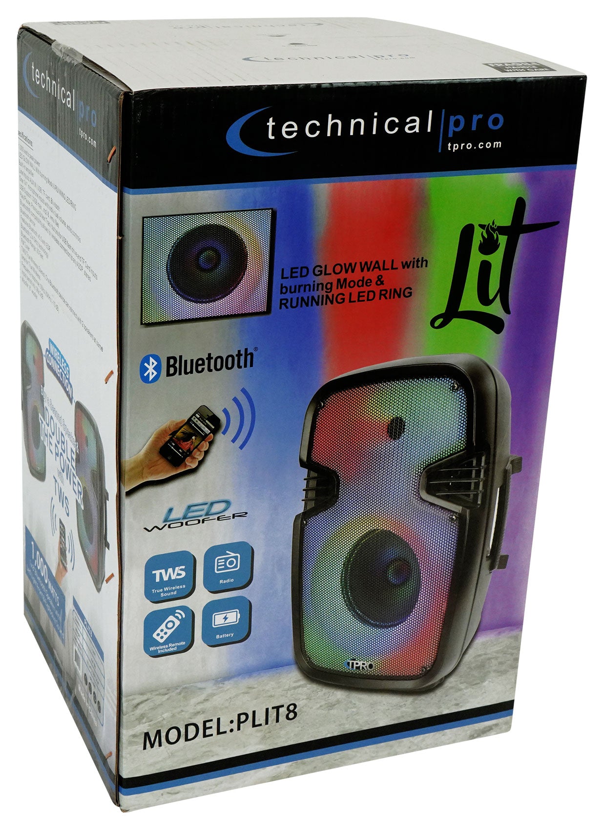 Technical Pro PLIT8 Portable 8" Bluetooth Party Speaker w/LED+Stand+Microphone