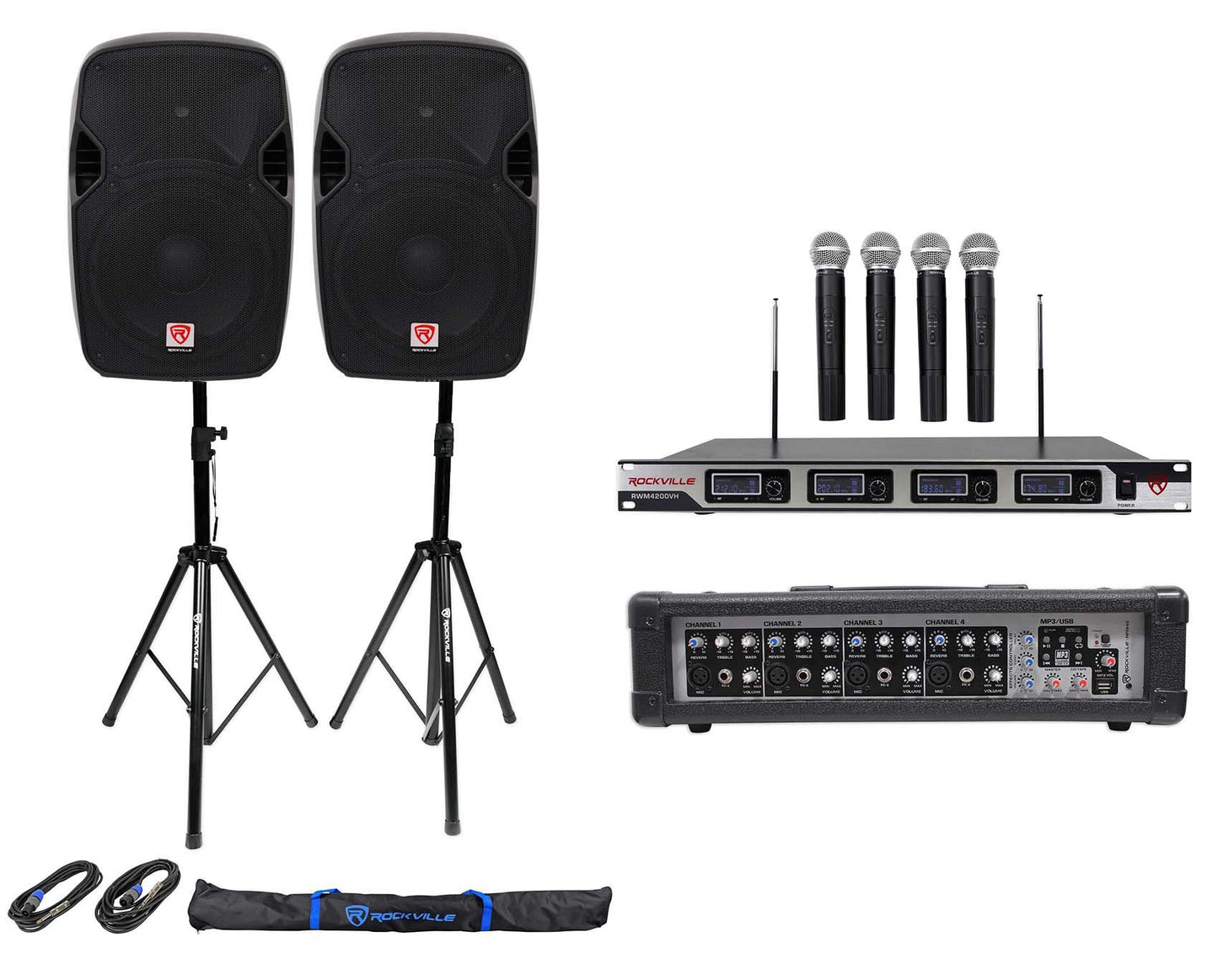 (2) Rockville SPGN128 12" 2400w DJ PA Speakers+Amp+(4) Mics+Stands+Cables+Bag
