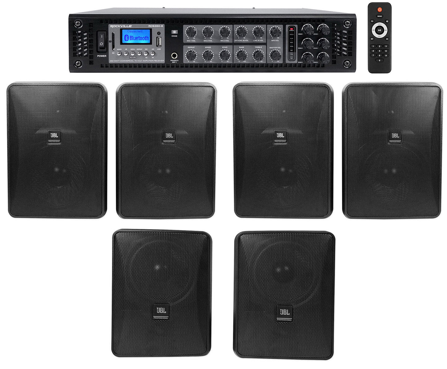 RCS350-6 6-Zone 350W Amp + Control 28-1 Black 4-Pack + Control 25-1 Black Bundle