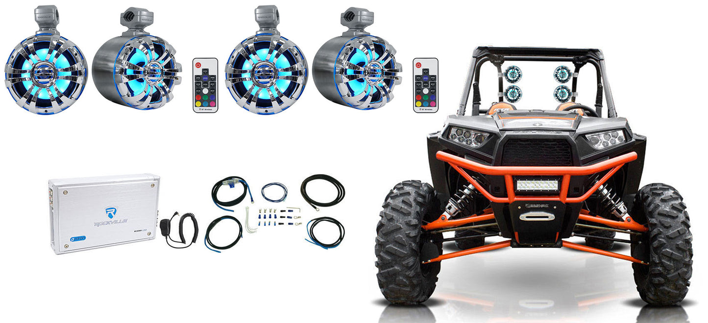 WB65KLS Silver 4-Pack + RXM‑S20 Amp + RWK8ATV OFC Wiring Kit Bundle