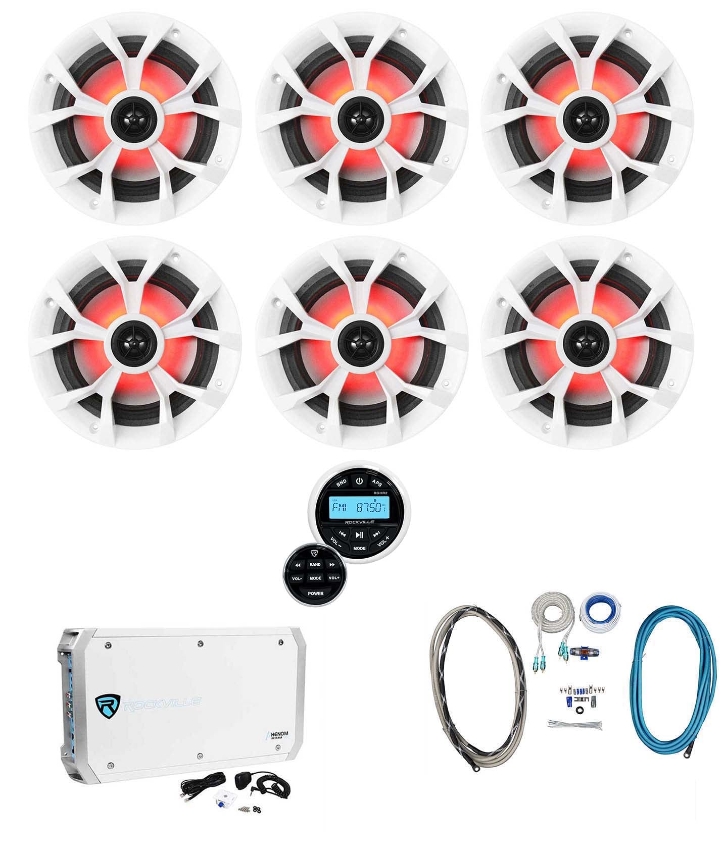 RKL65MBW 6.5" LED 6-Pack + Marine Receiver + 6-Channel Amp Bundle