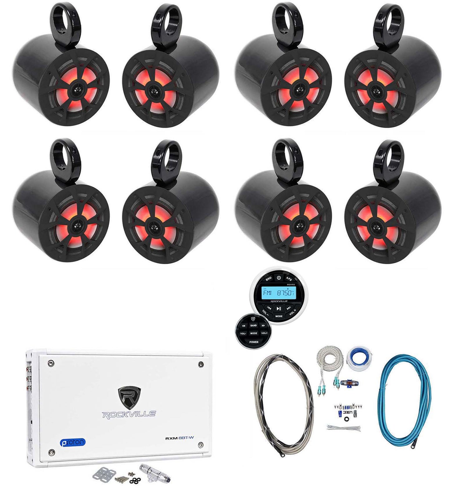 RKL65MBW 6.5" LED Marine Speakers 8-Pack + MAC65B Tower Pods Bundle