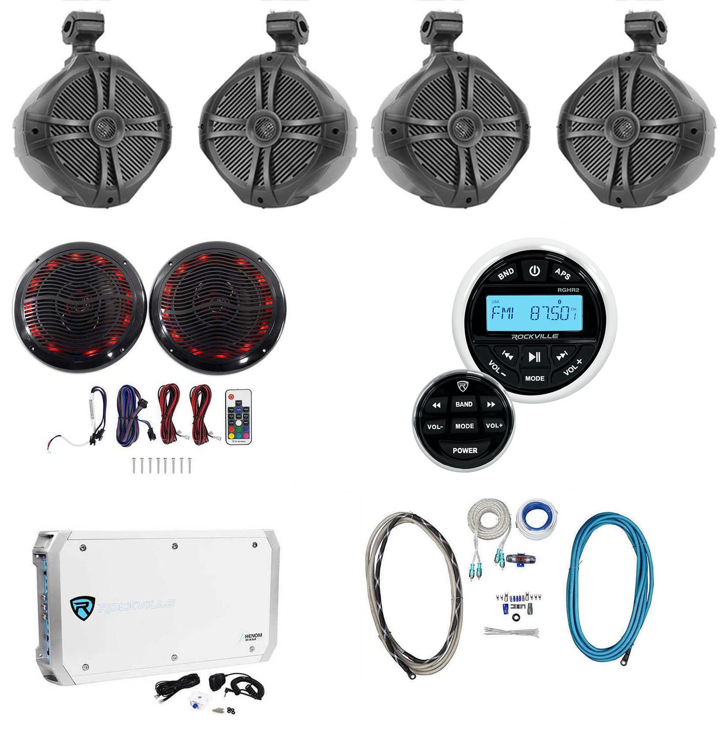 RWB80B Black 4-Pack + LED 8" 2-Pack + Receiver + 6-Channel Amp Bundle