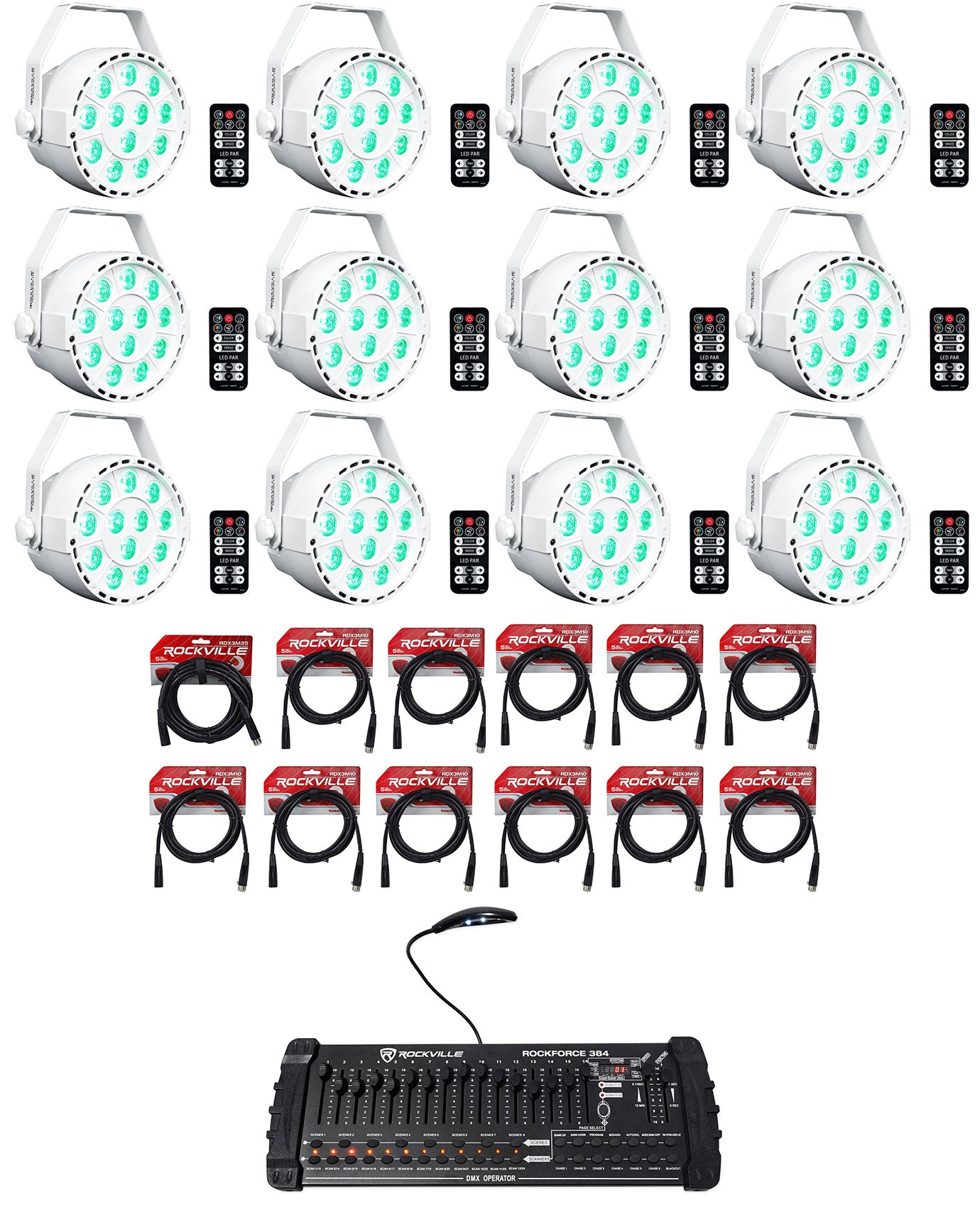 RockPAR TRI White 12-Pack + ROCKFORCE 384 Controller Bundle