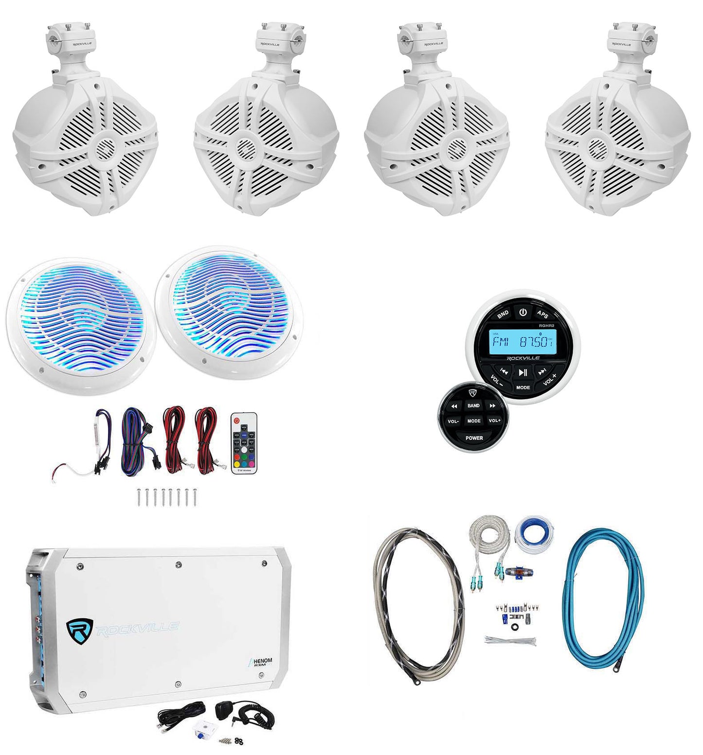 RWB70W White 4-Pack + LED 6.5" 2-Pack + Receiver + 6-Channel Amp Bundle