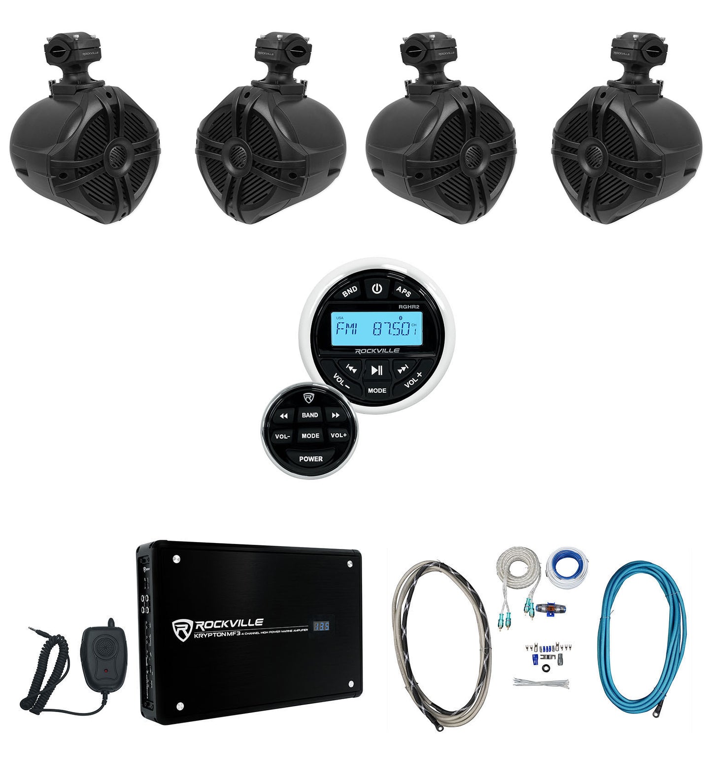 4 Zone Marine Receiver + 6.5" Black Towers 4-Pack + 4-Ch Amp Bundle