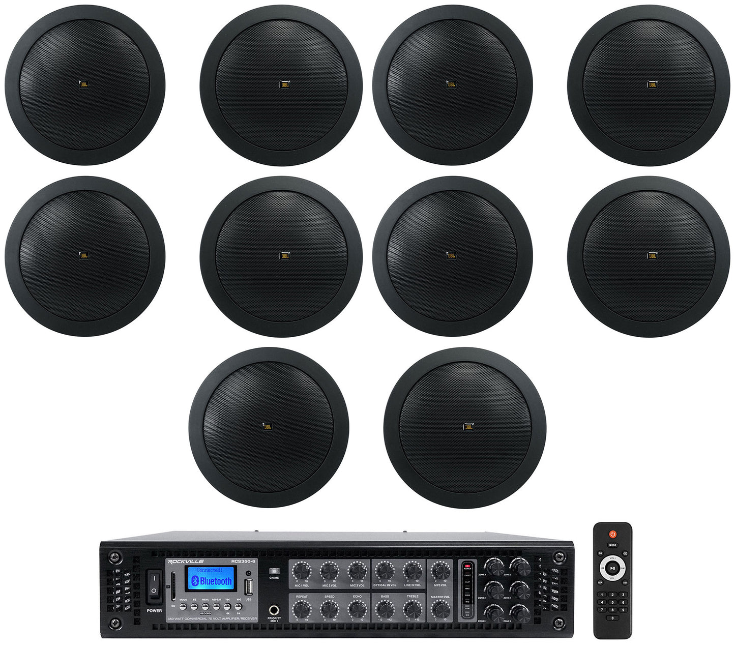 JBL Control 14C/T Black 10-Pack + RCS350-6 6-Zone 350W Amp Bundle