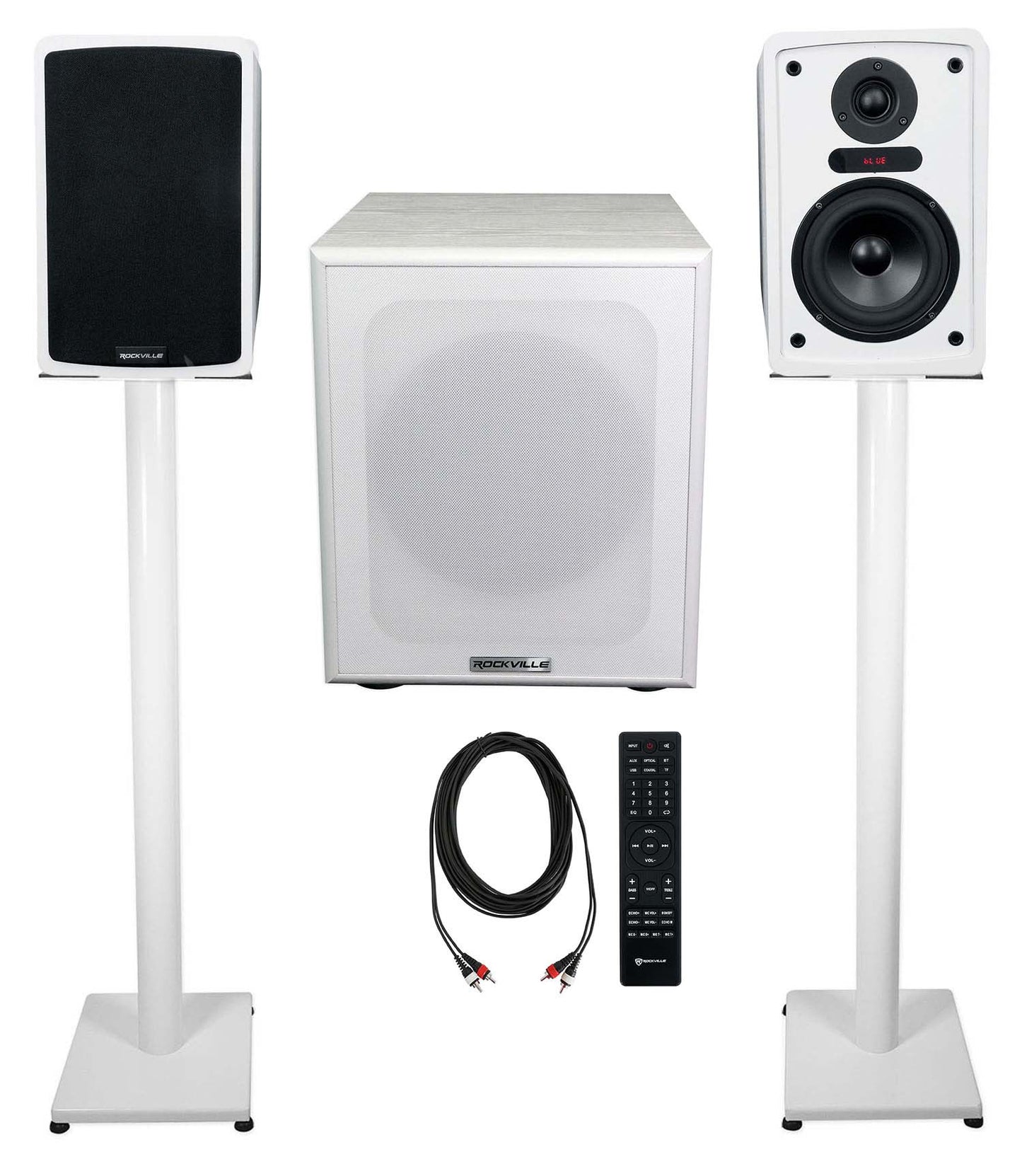 ELITE-5W White + RS37W White Stands + Rock Shaker 8 Bundle