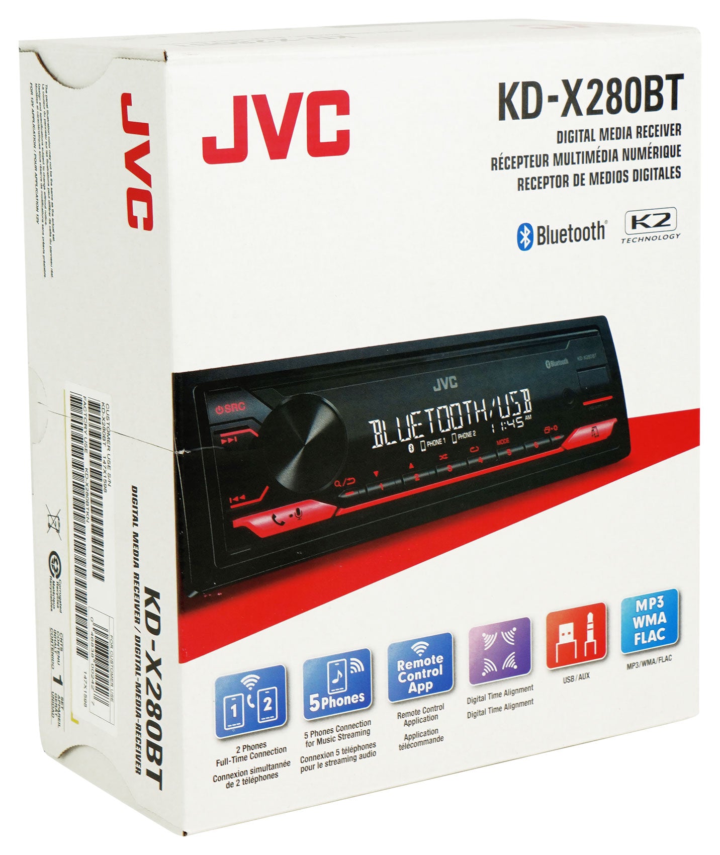 JVC KD-X280BT 1-Din Car Stereo Receiver w/Bluetooth/USB/13-Band EQ+AUX Cable