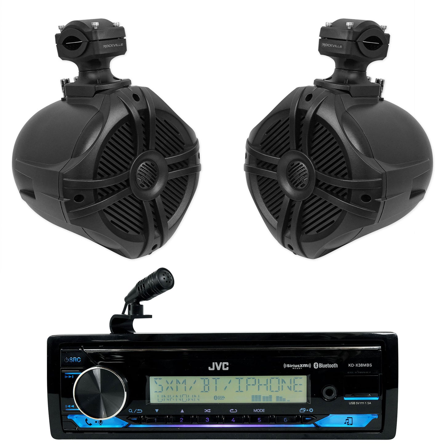 JVC KD-X38MBS Marine Stereo Receiver w/Bluetooth+(2) 6.5" Black Tower Speakers