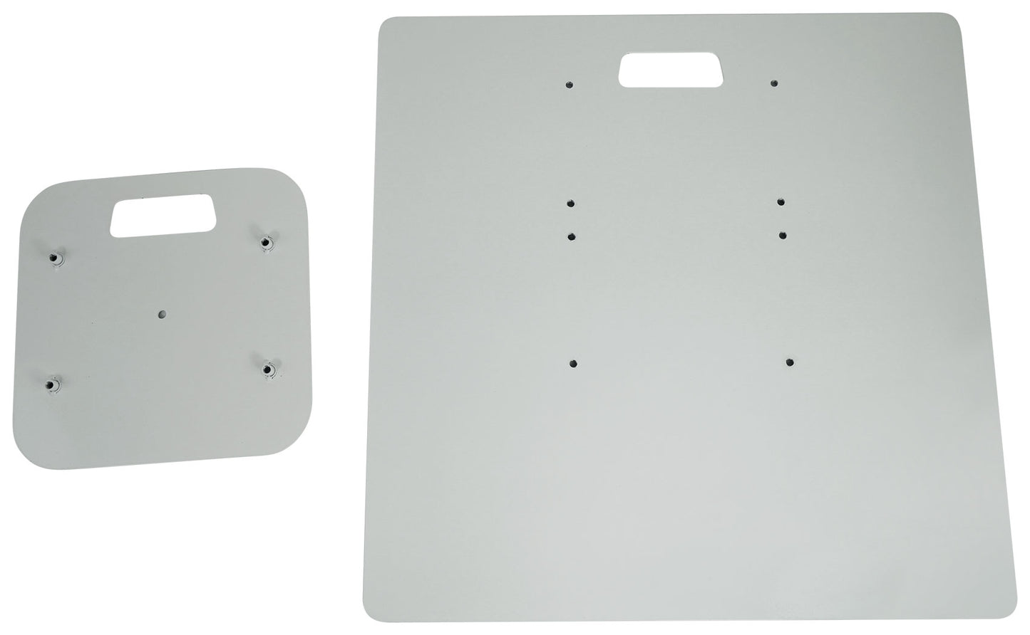 Two metallic mounting plates with holes on a white background