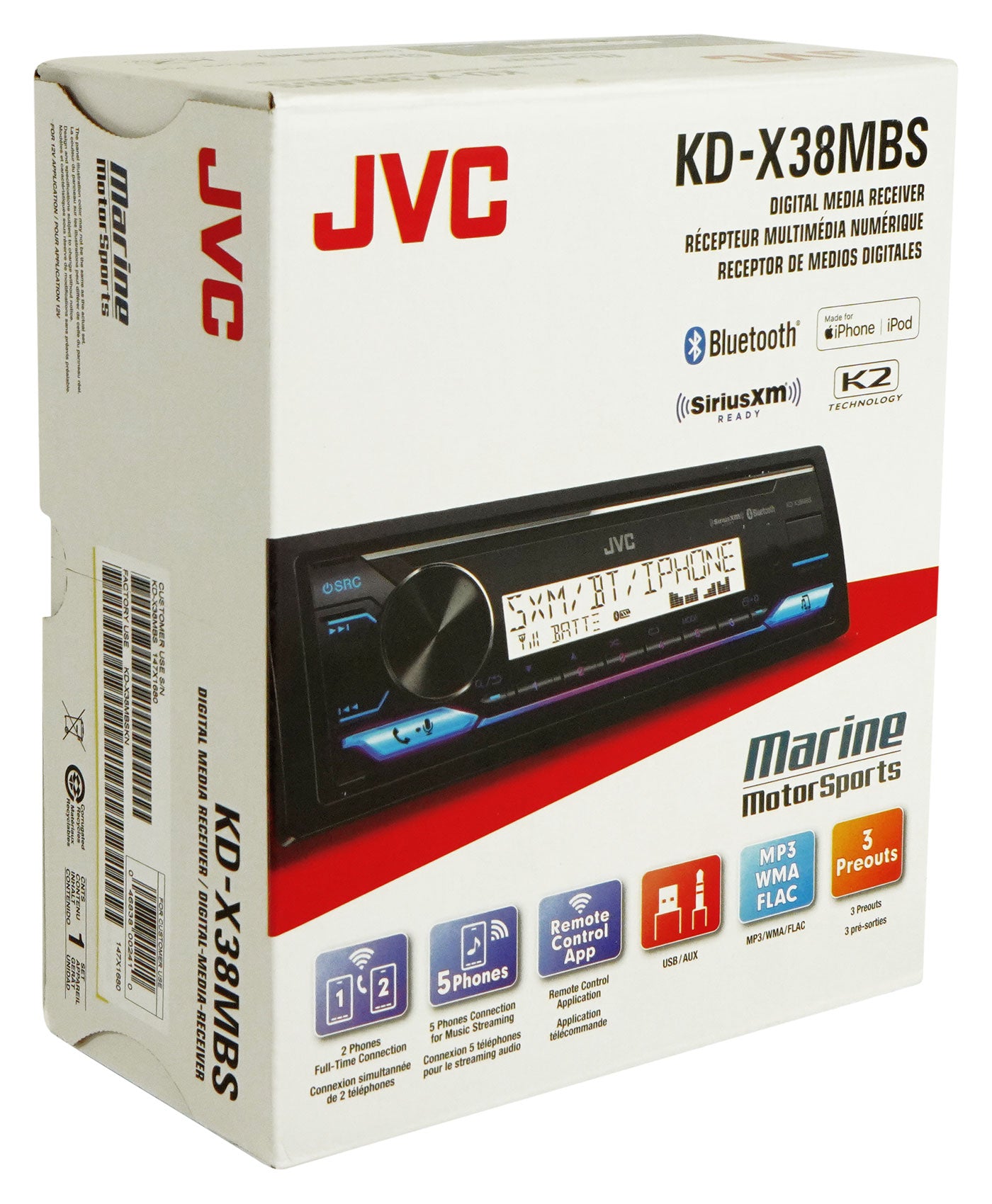 JVC KD-X38MBS Marine Stereo Receiver w/Bluetooth+(2) 6.5" Black Tower Speakers