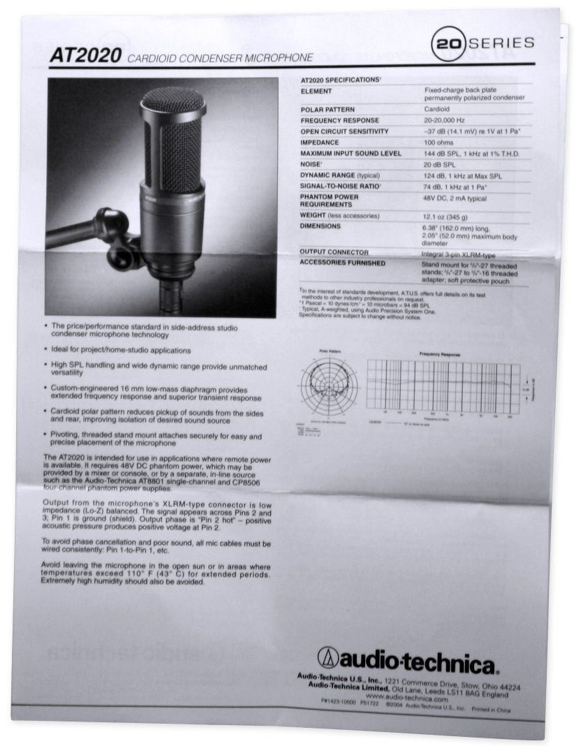 Audio Technica AT2020 Studio Recording Microphone+Pro Condenser Mic Boom Arm