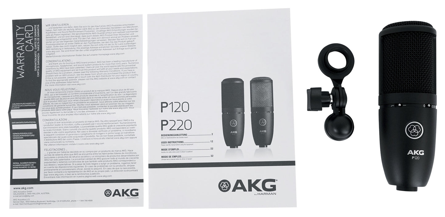 AKG P120 Studio Condenser Recording/Live Streaming Microphone+Pro Mic Boom Arm