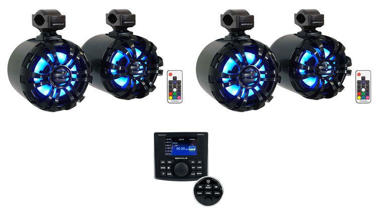 4 Zone Marine Receiver + 6.5" Black LED Wakeboard Speakers 4-Pack Bundle