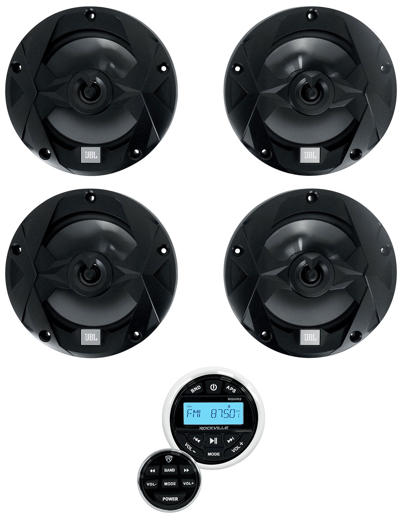 JBL MS65B Black 4-Pack + Marine Gauge Receiver Bundle