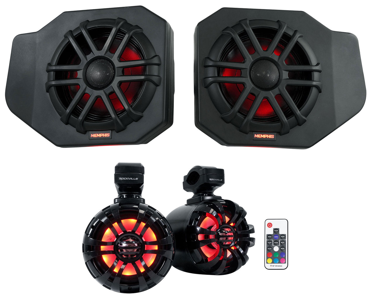 Pair Memphis RNGR65FE Speakers+Pods+LED Tower Speakers For 2018+ Polaris Ranger