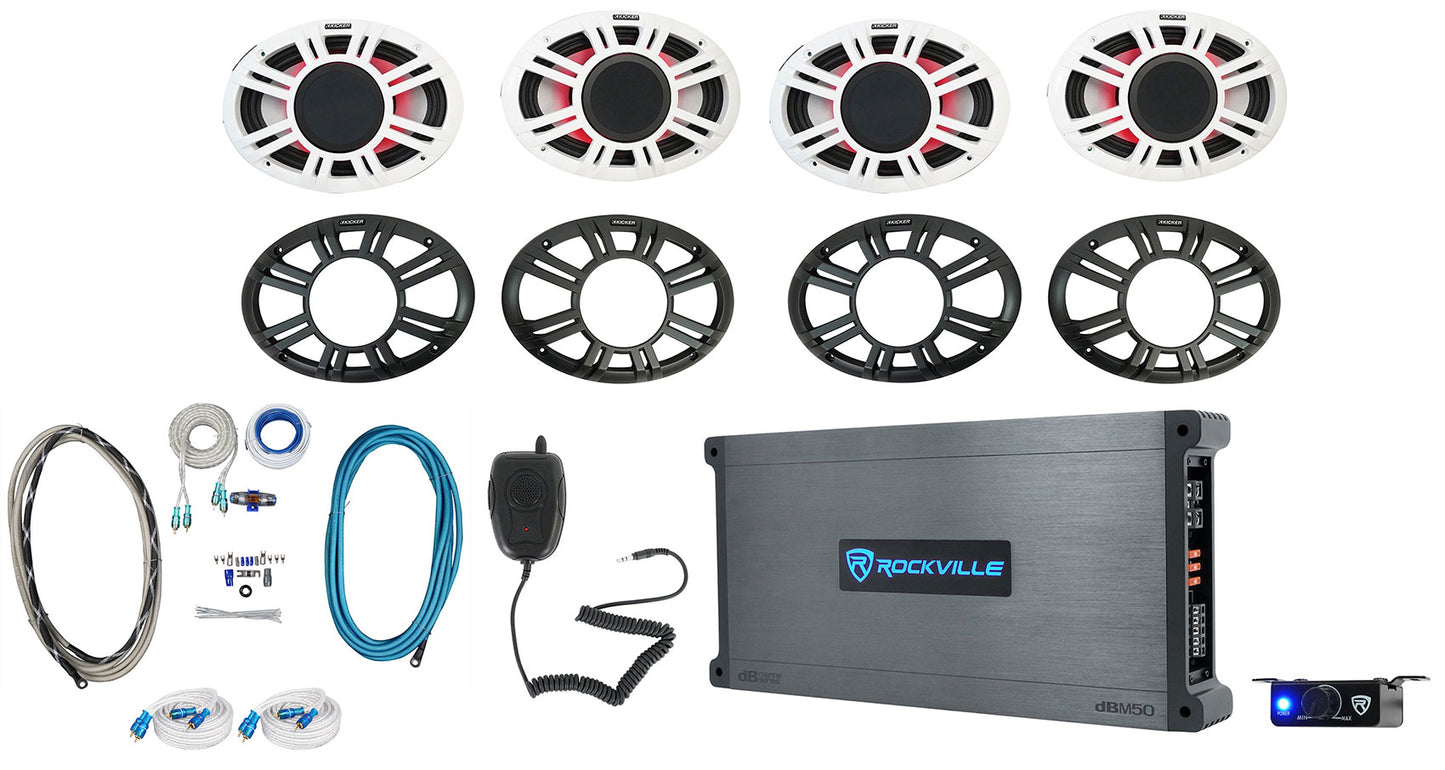 4) KICKER 48KMXL694 300w 6x9" Marine Speakers w/LED+5-Ch. Amplifier+Wires KMXL69