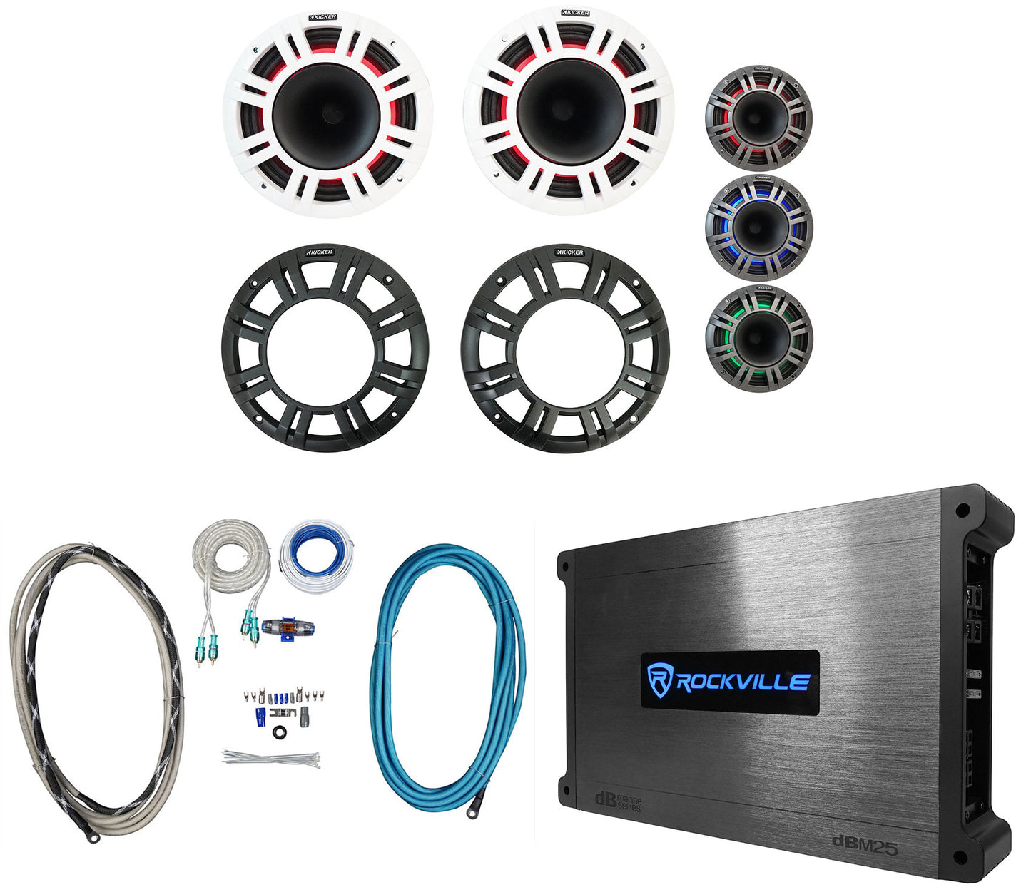 2) KICKER 48KMXL84 8" 500w Marine Speakers w/LED+2-Channel Amplifier+Wires KMXL8