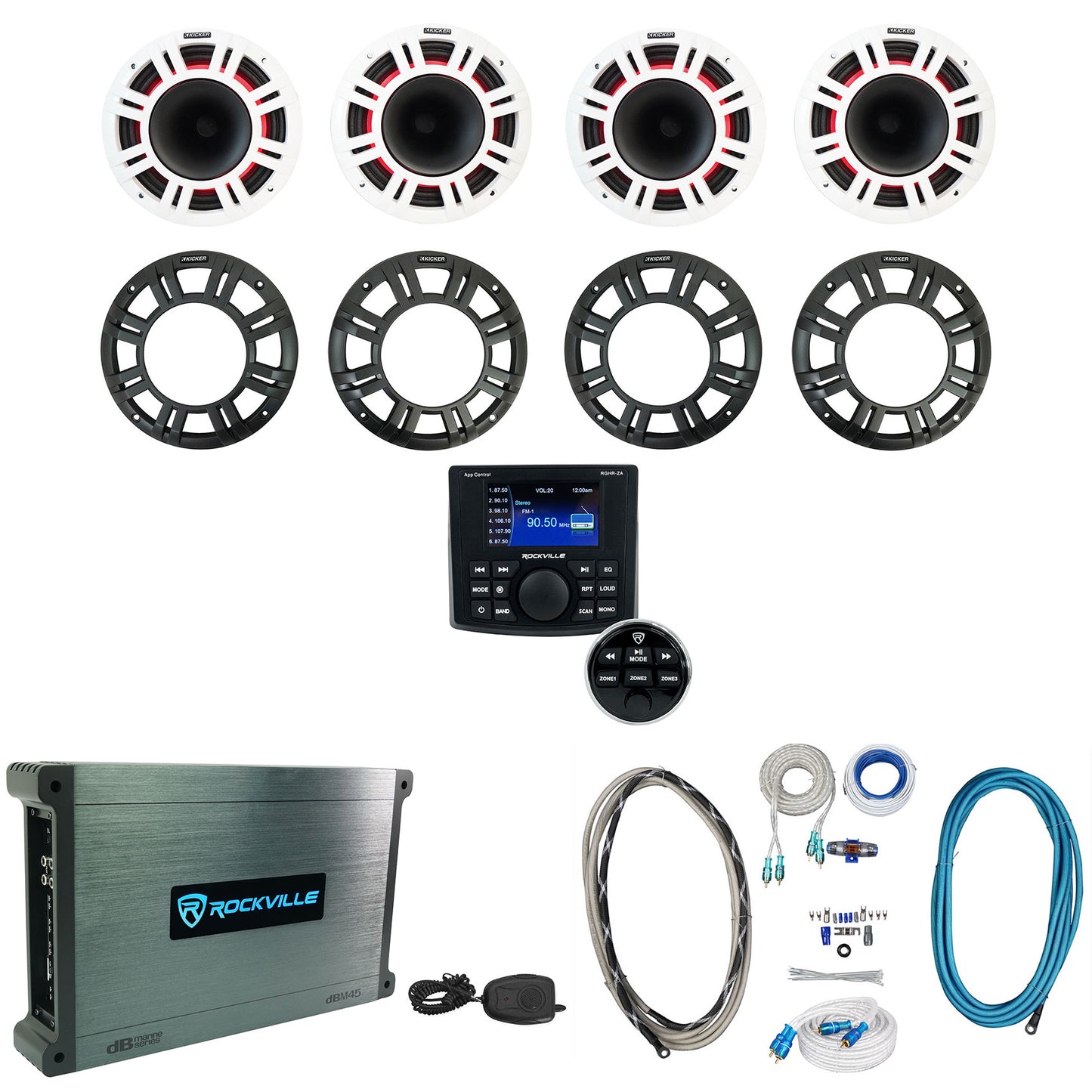 (4) KICKER 48KMXL84 8" 500w Marine Speakers w/LED+Receiver+4-Ch. Amplifier KMXL8