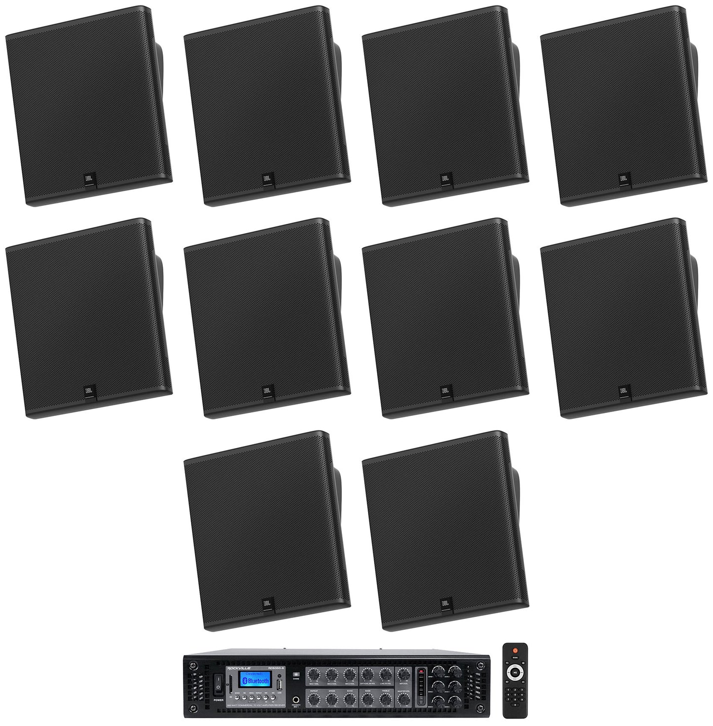 10 JBL SLP14/T-BK Sleek Low-Profile On Wall Mount 4" 70v Commercial Speakers+Amp